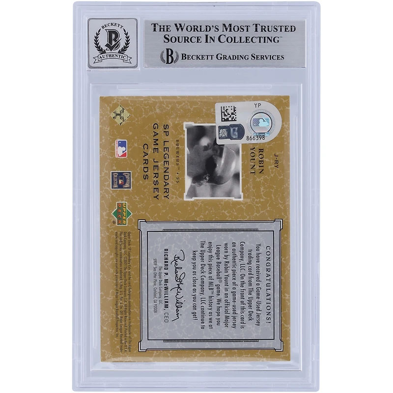 Robin Yount Milwaukee Brewers Autographed 2001 Upper Deck SP Legendary Cuts Game Jersey Relic #J-RY Beckett Fanatics Witnessed Authenticated 10 Card