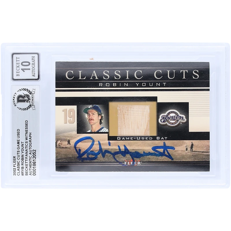 Carte autographiée de Robin Yount (Milwaukee Brewers) de la série Fleer Classic Cuts GU Relic 2002 #RY-B, authentifiée par Beckett Fanatics Witnessed (n° 10).