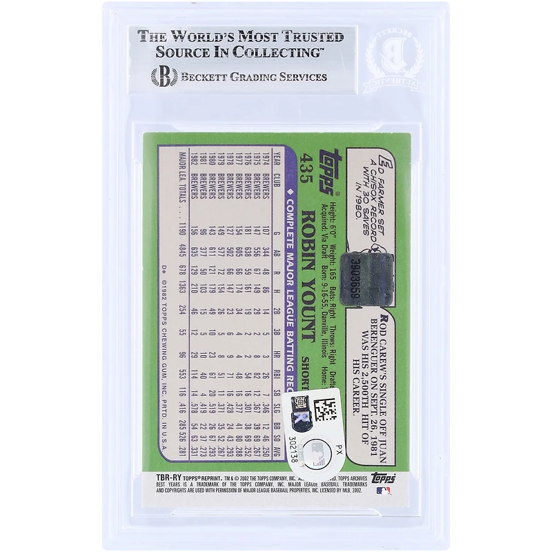 Robin Yount Milwaukee Brewers Autographed 2002 Topps Archives Reprint GU Relic #435 Beckett Fanatics Witnessed Authenticated Card
