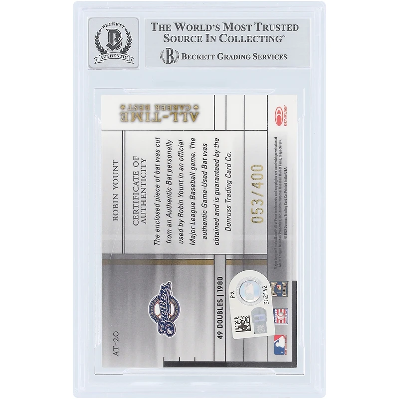 Carte Robin Yount des Brewers de Milwaukee, autographiée, collection Donruss Elite 2003 « Meilleur joueur de tous les temps », relique GU n° AT-20, authentifiée par Beckett Fanatics Witnessed.