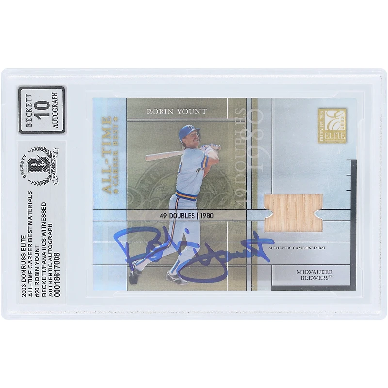 Carte Robin Yount des Brewers de Milwaukee, autographiée, collection Donruss Elite 2003 « Meilleur joueur de tous les temps », relique GU n° AT-20, authentifiée par Beckett Fanatics Witnessed.