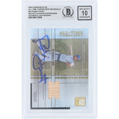 Carte Robin Yount des Brewers de Milwaukee, autographiée, collection Donruss Elite 2003 « Meilleur joueur de tous les temps », relique GU n° AT-20, authentifiée par Beckett Fanatics Witnessed.