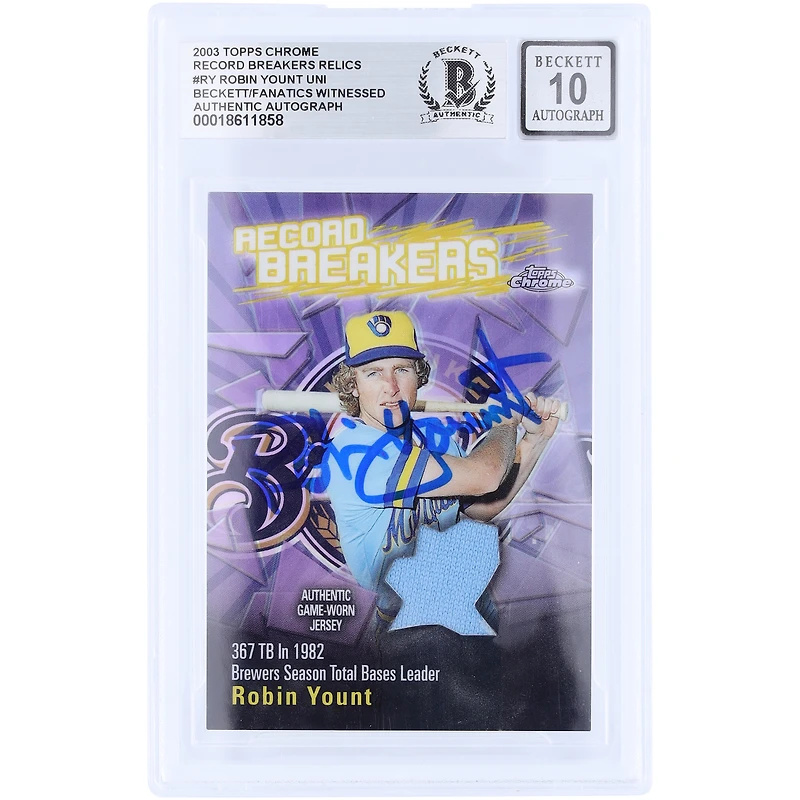 Carte autographiée de Robin Yount (Milwaukee Brewers) de la série Topps Chrome Record Breakers Refractor GU Relic 2003, numéro #RBCA-RY, authentifiée par Beckett Fanatics Witnessed (n° 10).