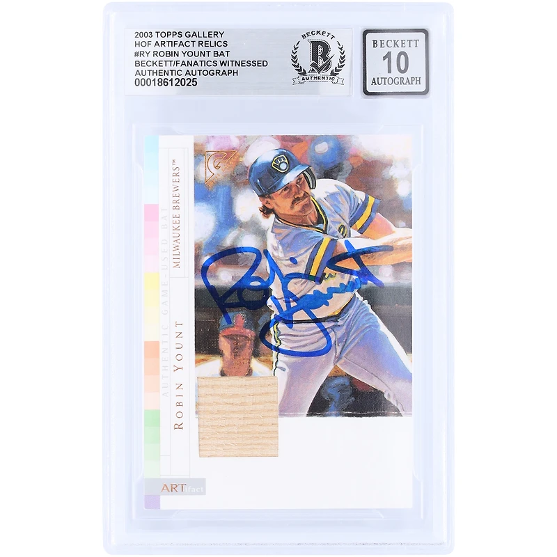 Carte autographiée de Robin Yount (Milwaukee Brewers) de la série Topps Gallery Artifact GU Relic 2003, numéro AR-RY, authentifiée par Beckett Fanatics Witnessed (n° 10).
