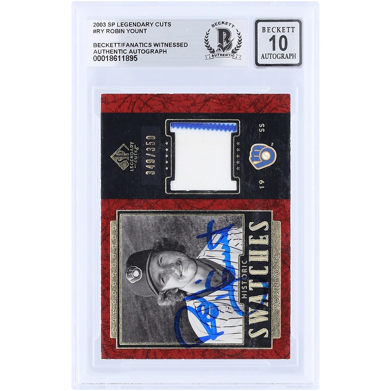 Carte de collection autographiée de Robin Yount (Milwaukee Brewers) de 2003, Upper Deck SP Legendary Cuts Historic Swatches GU Relic #J-RY #/350, authentifiée par Beckett Fanatics Witnessed (10 cartes).