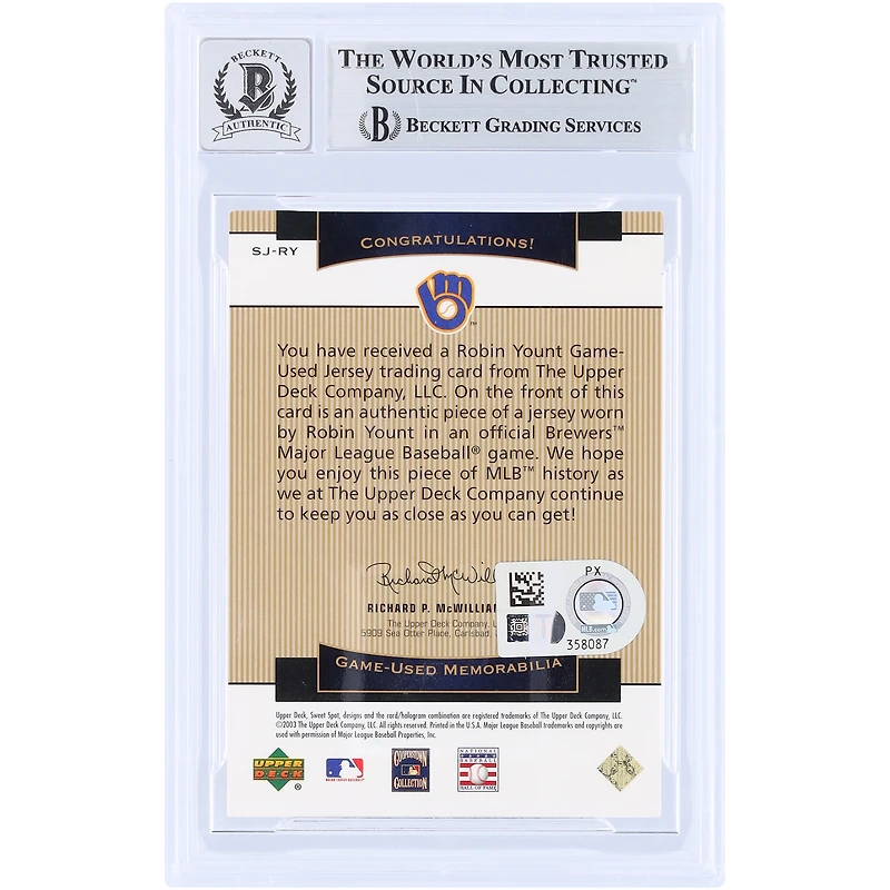 Carte autographiée par Robin Yount des Milwaukee Brewers, 2003 Upper Deck Sweet Spot Classic GU Dual-Color Relic #SJ-RY, authentifiée par Beckett Fanatics Witnessed (n° 10).