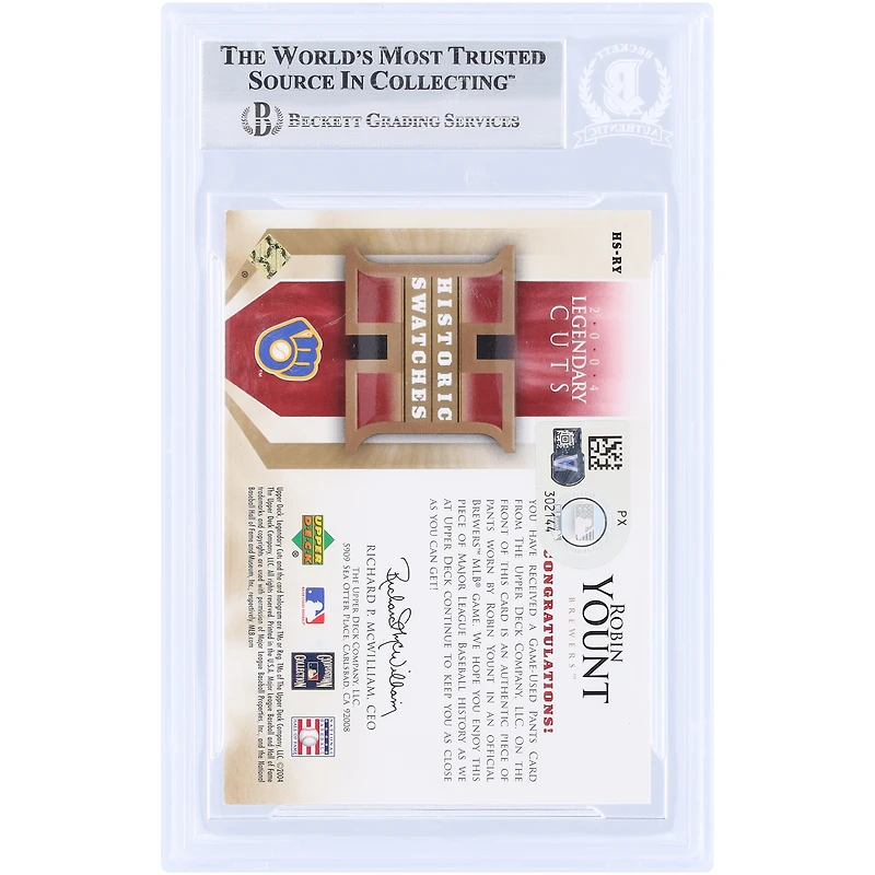 Robin Yount Milwaukee Brewers Autographed 2004 Upper Deck SP Legendary Cuts Historic Swatches GU Relic #HS-RY Beckett Fanatics Witnessed Authenticated Card