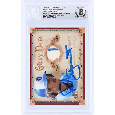 Carte authentifiée par Robin Yount (Milwaukee Brewers), signée par Upper Deck SP Legendary Cuts Glory Days (2005), avec relique bicolore #GD-RY et certifiée par Beckett Fanatics Witnessed.