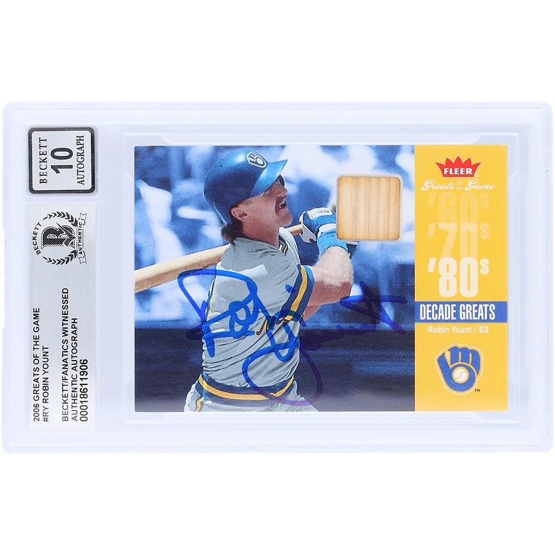 Carte autographiée de Robin Yount (Milwaukee Brewers), édition 2006 Fleer Greats of the Game, GU Relic #DEC-RY, authentifiée par Beckett Fanatics Witnessed (n° 10).