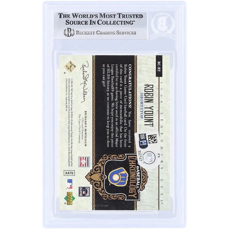Carte authentifiée par Robin Yount (Milwaukee Brewers), signée par Upper Deck SP Legendary Cuts Baseball Chronology GU Dual-Color Relic #BC-RY (2006), certifiée par Beckett Fanatics Witnessed.