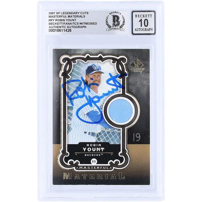 Carte autographiée de Robin Yount (Milwaukee Brewers) de la série Upper Deck SP Legendary Cuts Masterful Materials GU Relic #MM-RY, 2007, authentifiée par Beckett Fanatics Witnessed (n° 10).
