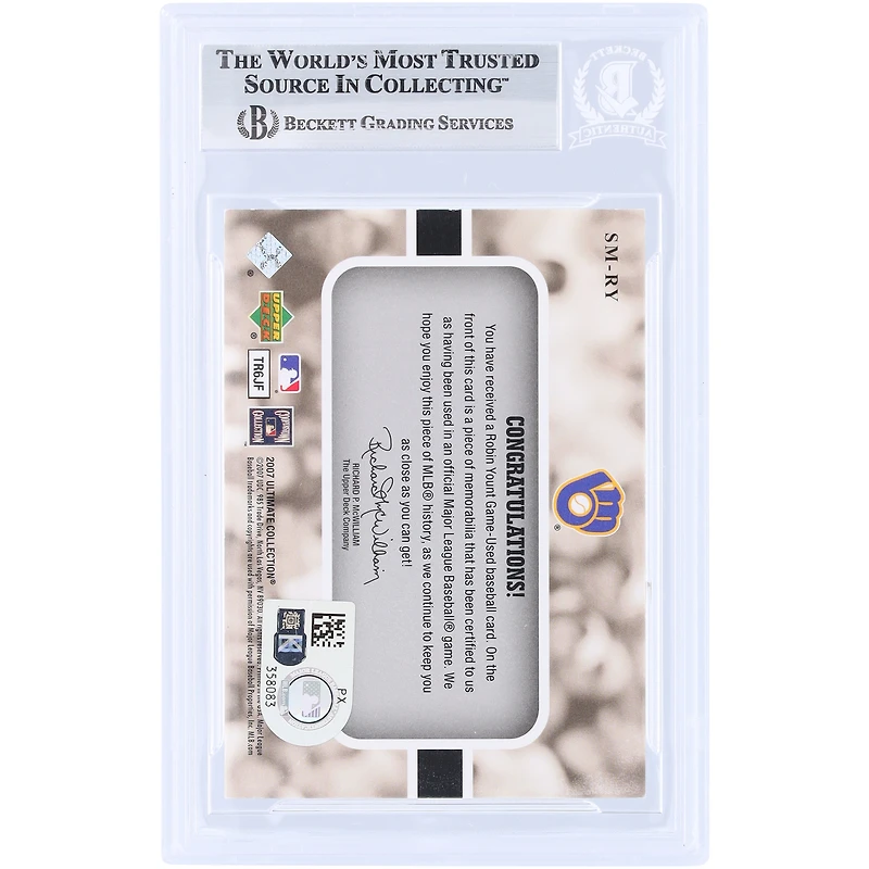 Robin Yount Milwaukee Brewers Autographed 2007 Upper Deck Ultimate Collection Ultimate Star Materials GU Dual-Color Relic #SM-RY Beckett Fanatics Witnessed Authenticated Card