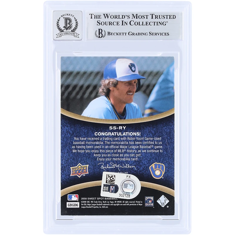 Carte de collection 2008 Upper Deck Sweet Spot Sweet Swatch GU Relic #SS-RY de Robin Yount (Milwaukee Brewers), autographiée et authentifiée par Beckett Fanatics Witnessed (n° 10).