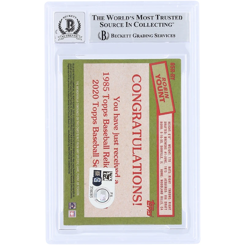 Robin Yount Milwaukee Brewers Autographed 2020 Topps '85 Topps Relics #85R-RY Beckett Fanatics Witnessed Authenticated 10 Card
