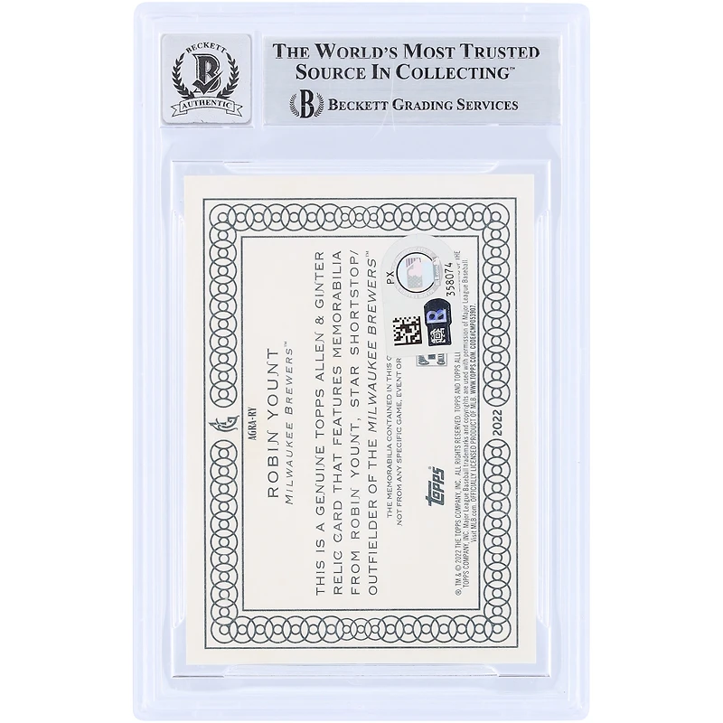 Carte autographiée de Robin Yount (Milwaukee Brewers) Topps Allen & Ginter Dual-Color Relic 2022 #AGRA-RY