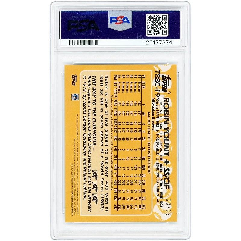 Robin Yount Milwaukee Brewers Autographed 2023 Topps '88 Topps Design Silver Pack Mojo #T88C-19 #23/35 PSA Authenticated 10 Card