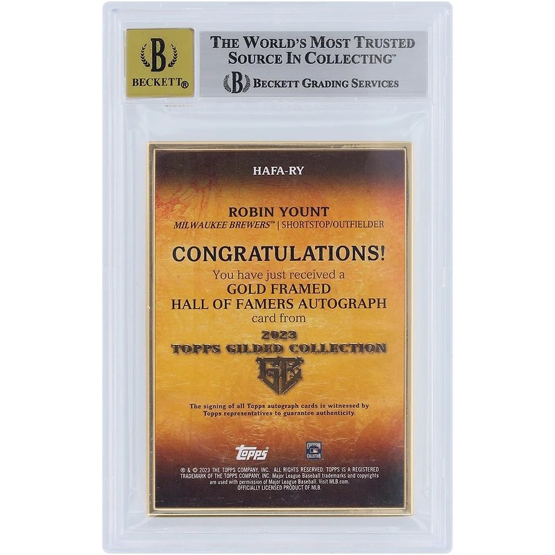 Robin Yount Milwaukee Brewers Autographed 2023 Topps Gilded Collection Gold Framed Platinum #HAFA-RY #1/1 BGS Authenticated 8.5/10 Card