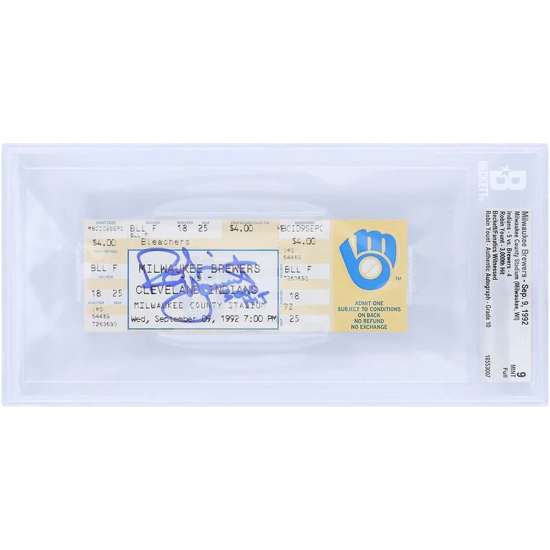 Robin Yount Milwaukee Brewers Autographed Career Hit 3,000 Beckett Fanatics Witnessed Authenticated 9/ Ticket from September 9