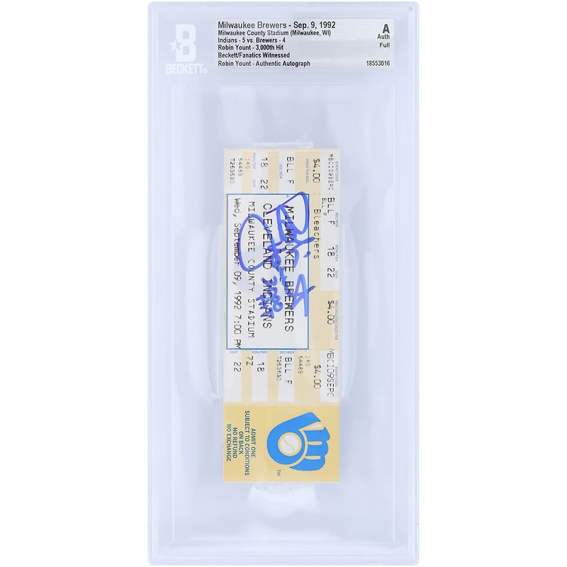 Billet authentifié par Robin Yount des Milwaukee Brewers, daté du 9 septembre 1992, avec inscription « 3000 Hit » et signé par Beckett Fanatics Witness.