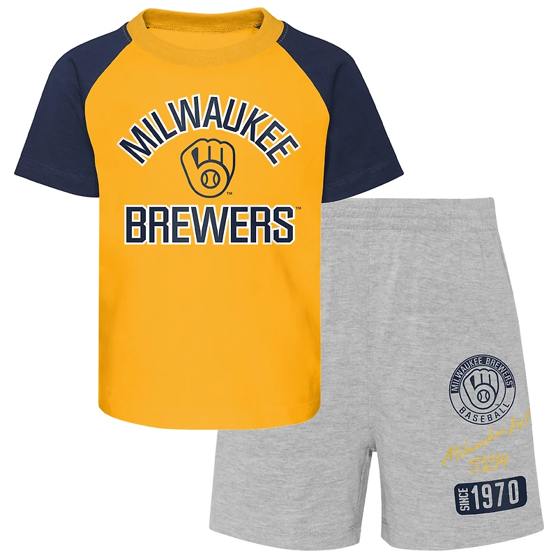 Toddler Gold/Heather Gray Milwaukee Brewers Two-Piece Groundout Baller Raglan T-Shirt & Shorts Set