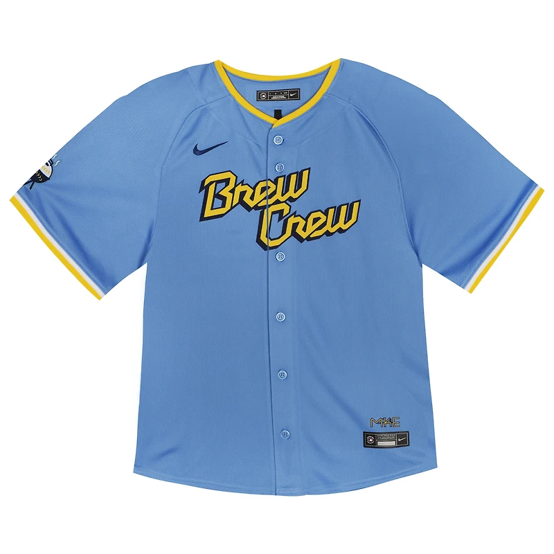 Maillot de joueur Nike Christian Yelich Powder Blue Milwaukee Brewers City Connect Limited pour tout-petit