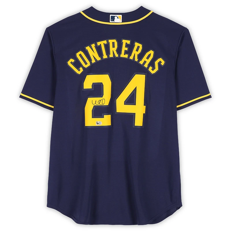 Maillot Nike bleu marine autographié par William Contreras des Milwaukee Brewers
