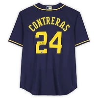 Maillot Nike bleu marine autographié par William Contreras des Milwaukee Brewers