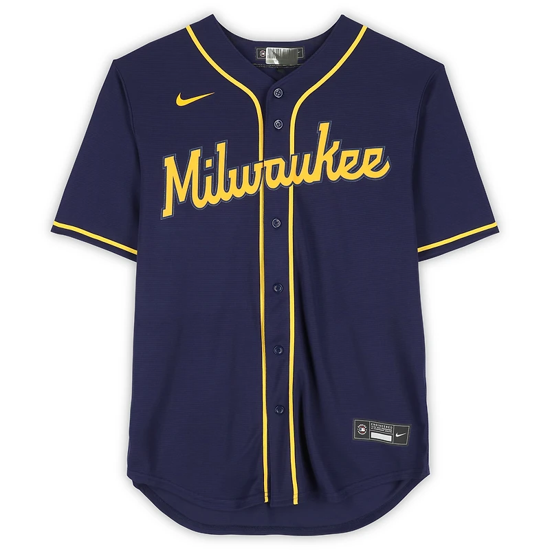 Maillot Nike bleu marine autographié par William Contreras des Milwaukee Brewers