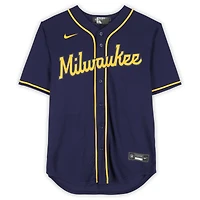 Maillot Nike bleu marine autographié par William Contreras des Milwaukee Brewers