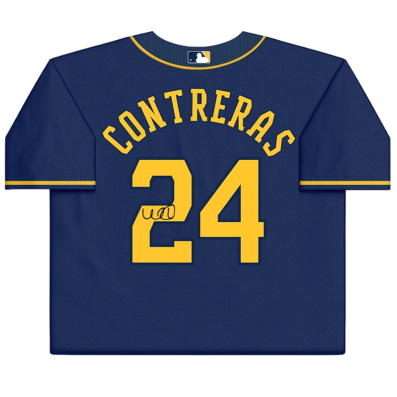 Maillot Nike bleu marine autographié par William Contreras des Milwaukee Brewers