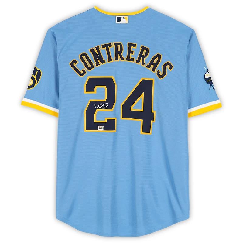 Maillot réplique Nike City Connect bleu poudre autographié par William Contreras des Milwaukee Brewers