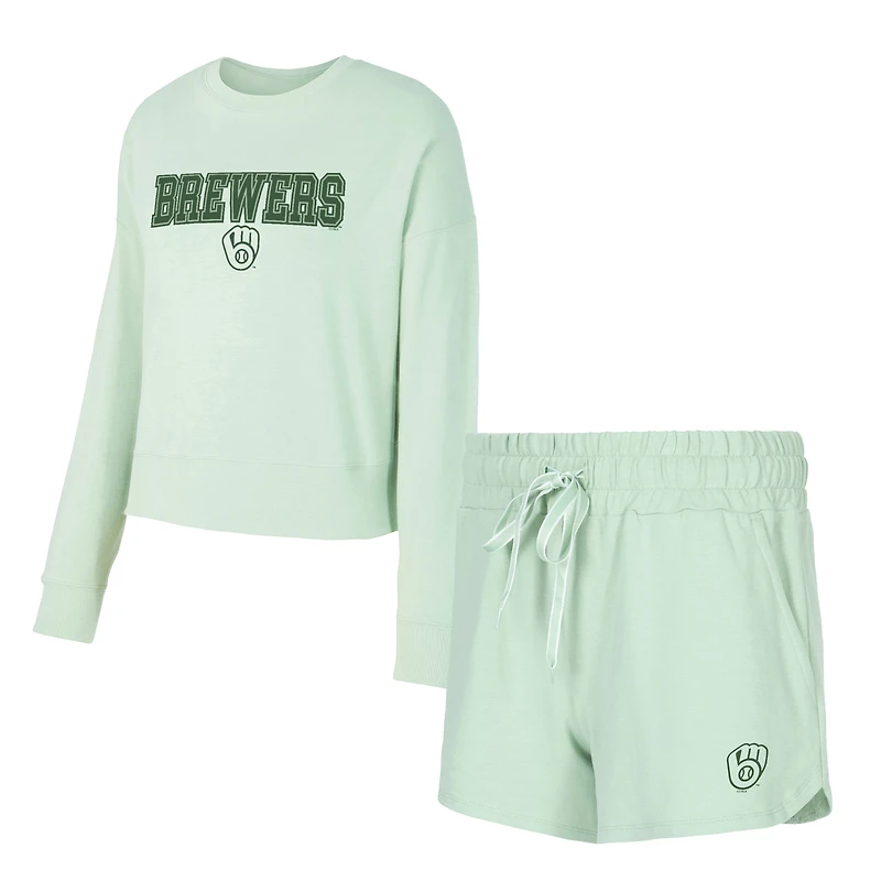 Women's Concepts Sport Light Green Milwaukee Brewers Elevation Tri-Blend Long Sleeve Top & Shorts Set