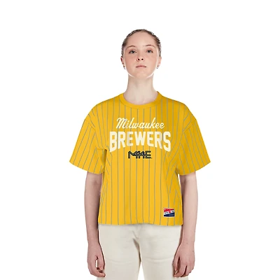 T-shirt court à rayures dorées New Era pour femme City Connect Multiplier Milwaukee Brewers