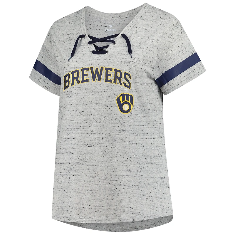 T-shirt moucheté à lacets raglan gris chiné pour femme Profile Milwaukee Brewers