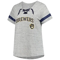 T-shirt moucheté à lacets raglan gris chiné pour femme Profile Milwaukee Brewers