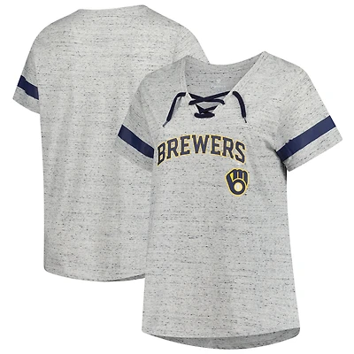 T-shirt moucheté à lacets raglan gris chiné pour femme Profile Milwaukee Brewers