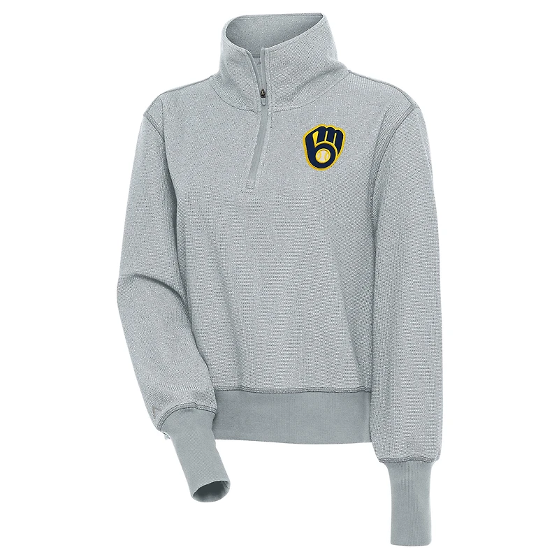 Women's Antigua  Heather Gray Milwaukee Brewers Upgrade Half-Zip Pullover Top
