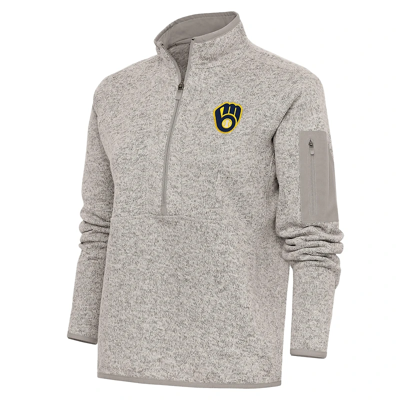 Veste à enfiler glissière quart de tour avec logo Fortune des Milwaukee Brewers pour femme Antigua Oatmeal