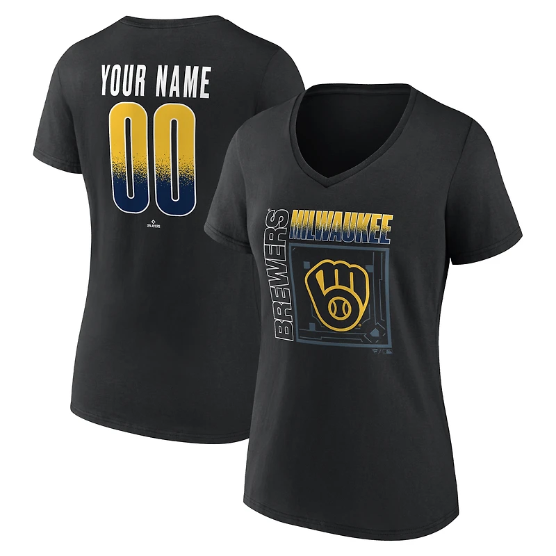 T-shirt à col en V personnalisé avec nom et numéro, motif domicile des Milwaukee Brewers, noir, pour femme