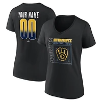 T-shirt à col en V personnalisé avec nom et numéro, motif domicile des Milwaukee Brewers, noir, pour femme