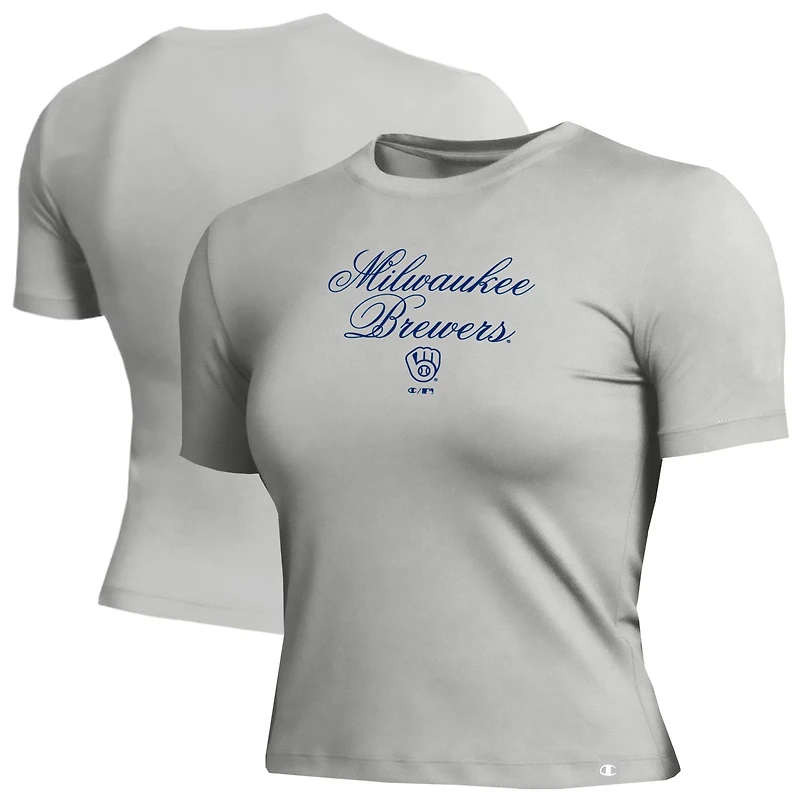 Women's Champion Gray Milwaukee Brewers Soft-Touch Fitted Cropped T-Shirt