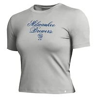 T-shirt court ajusté doux au toucher Champion pour femme, gris, Milwaukee Brewers