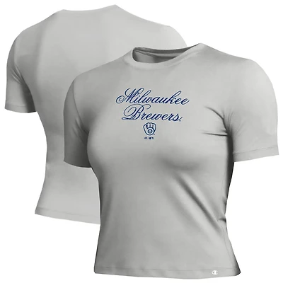 Women's Champion Gray Milwaukee Brewers Soft-Touch Fitted Cropped T-Shirt