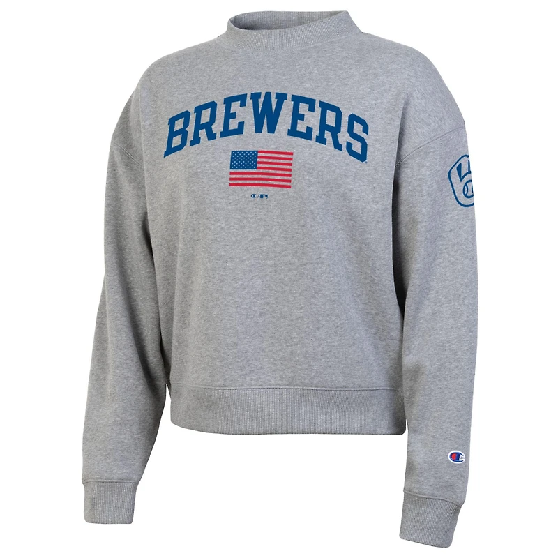Women's Champion  Heather Gray Milwaukee Brewers Americana Triumph Fleece Tri-Blend Sweatshirt