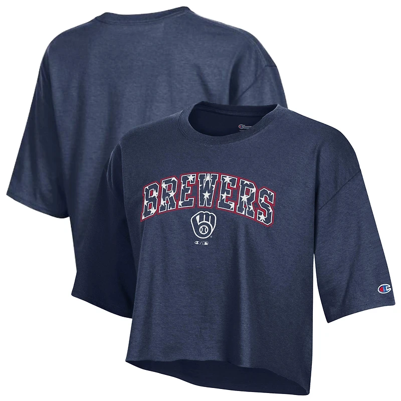 T-shirt court boyfriend bleu marine pour femme des Milwaukee Brewers, style américain.