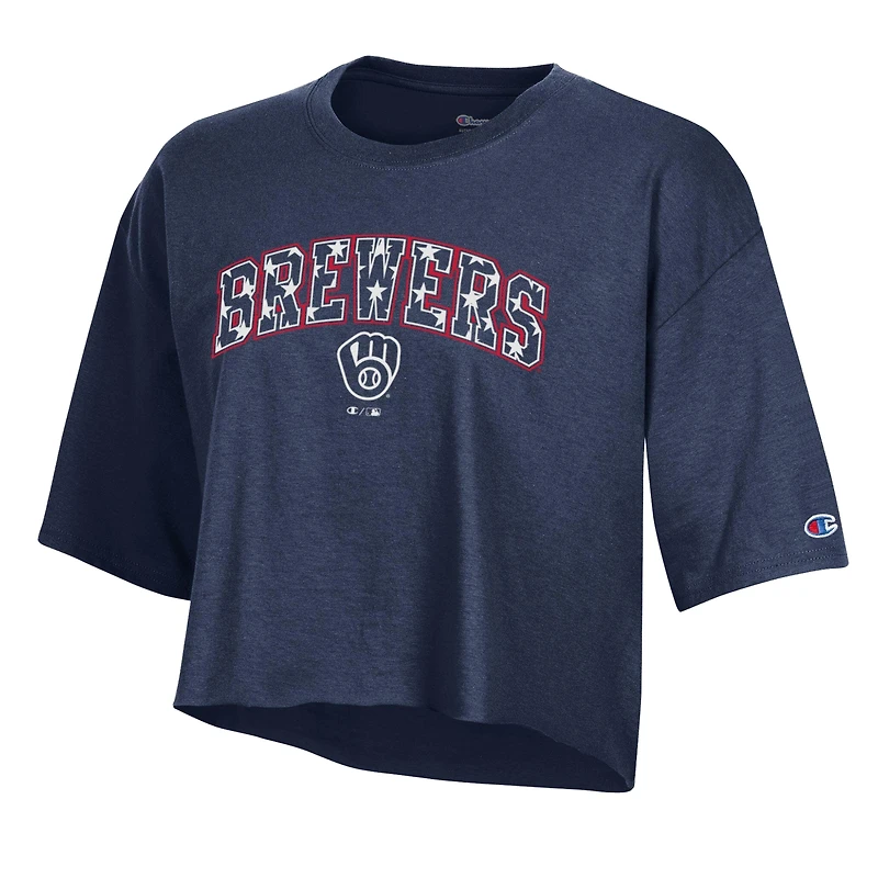 Women's Champion Navy Milwaukee Brewers Boyfriend Cropped Americana T-Shirt