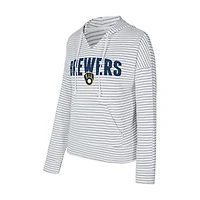 Women's Concepts Sport White/Gray Milwaukee Brewers Liftoff Striped V-Neck Hoodie