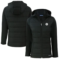 Women's Cutter & Buck  Black Milwaukee Brewers Evoke Hybrid Eco Softshell Recycled Full-Zip Hooded Jacket