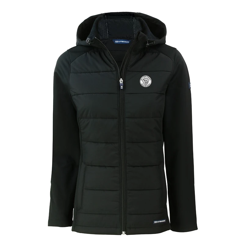 Women's Cutter & Buck  Black Milwaukee Brewers Evoke Hybrid Eco Softshell Recycled Full-Zip Hooded Jacket