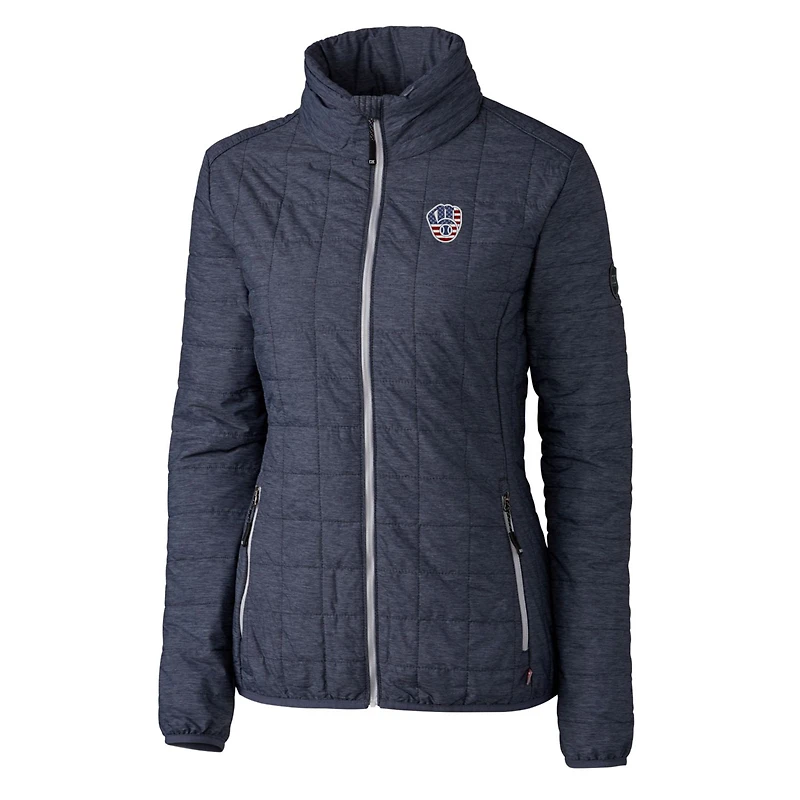 Doudoune isolante entièrement zippée PrimaLoft Eco Rainier pour femme, bleu marine chiné, avec logo Americana des Milwaukee Brewers, Cutter & Buck